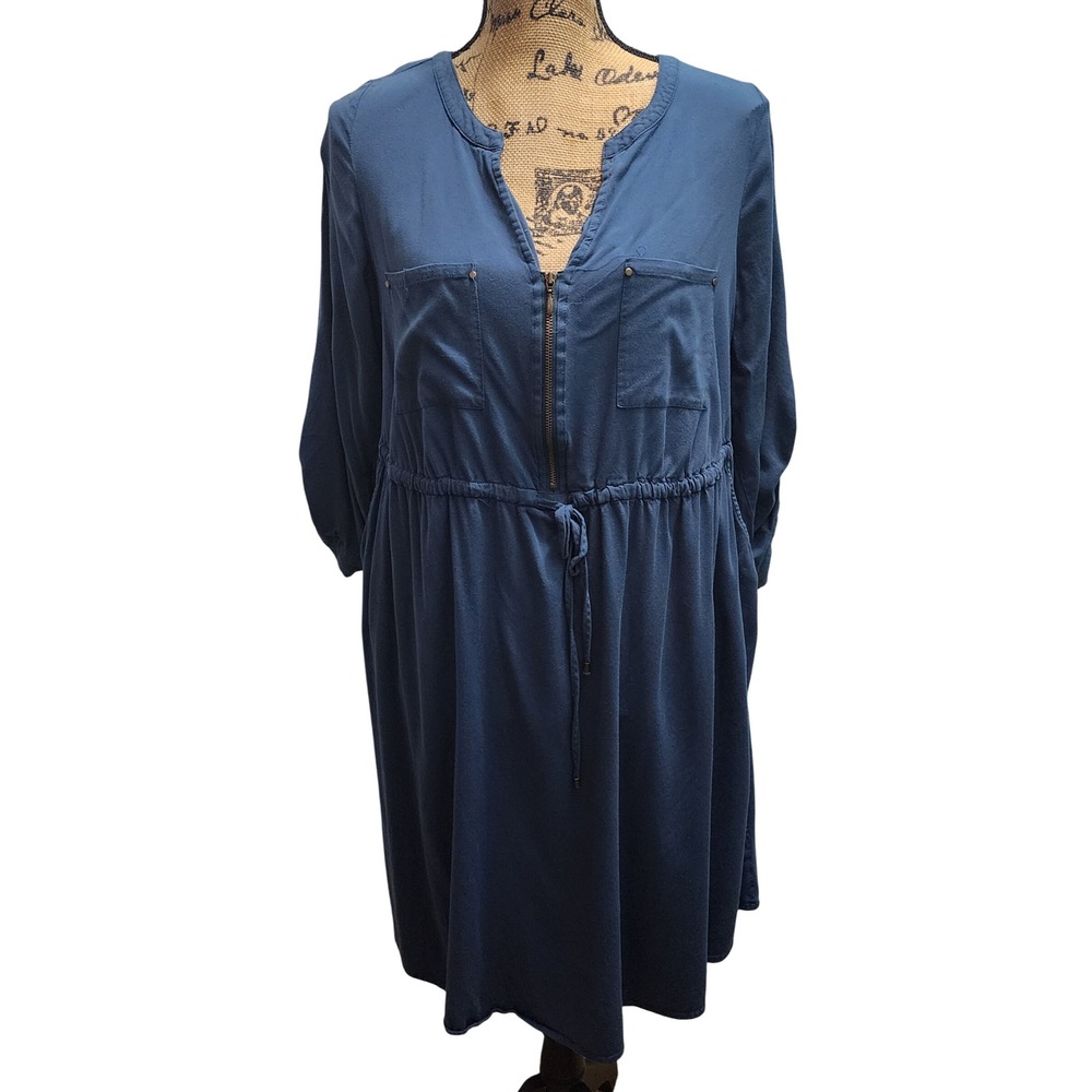 Torrid Blue Rayon Spandex‎ Zip Front Cinched Waist Midi Dress Women's Size 1